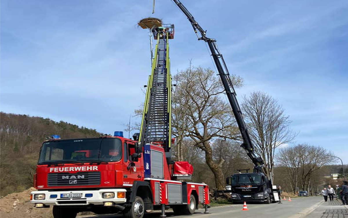 Die Feuerwehr Bindlach hat in Bad Berneck ein Storchennest erbaut. Foto: Feuerwehr Bindlach