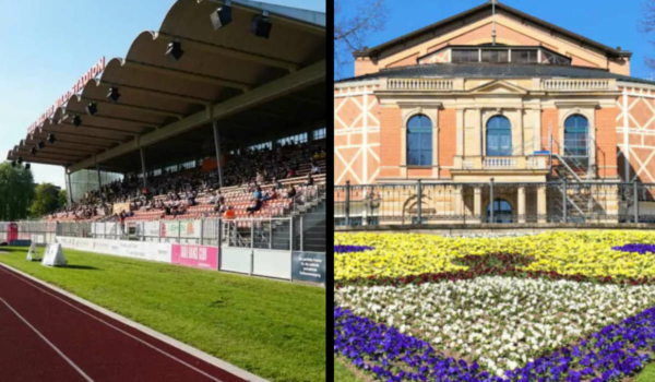 Sind die Zuschauerzahlen der Festspiele dem Sport gegenüber unfair? Deshalb dürfen mehr Zuschauer ins Festspielhaus als zur Relegation ins Hans-Walter-Wild-Stadion. Fotos: Redaktion (Montage: Redaktion)