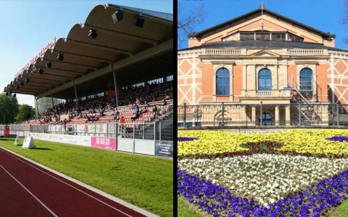 Sind die Zuschauerzahlen der Festspiele dem Sport gegenüber unfair? Deshalb dürfen mehr Zuschauer ins Festspielhaus als zur Relegation ins Hans-Walter-Wild-Stadion. Fotos: Redaktion (Montage: Redaktion)