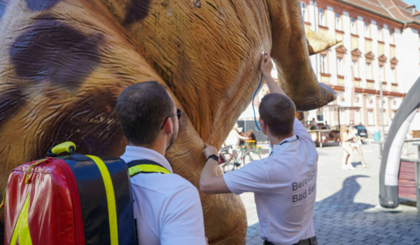 Auch der Dino vor dem Urweltmuseum wird beim Bürgerfest gecheckt. Bild: BRK Bayreuth
